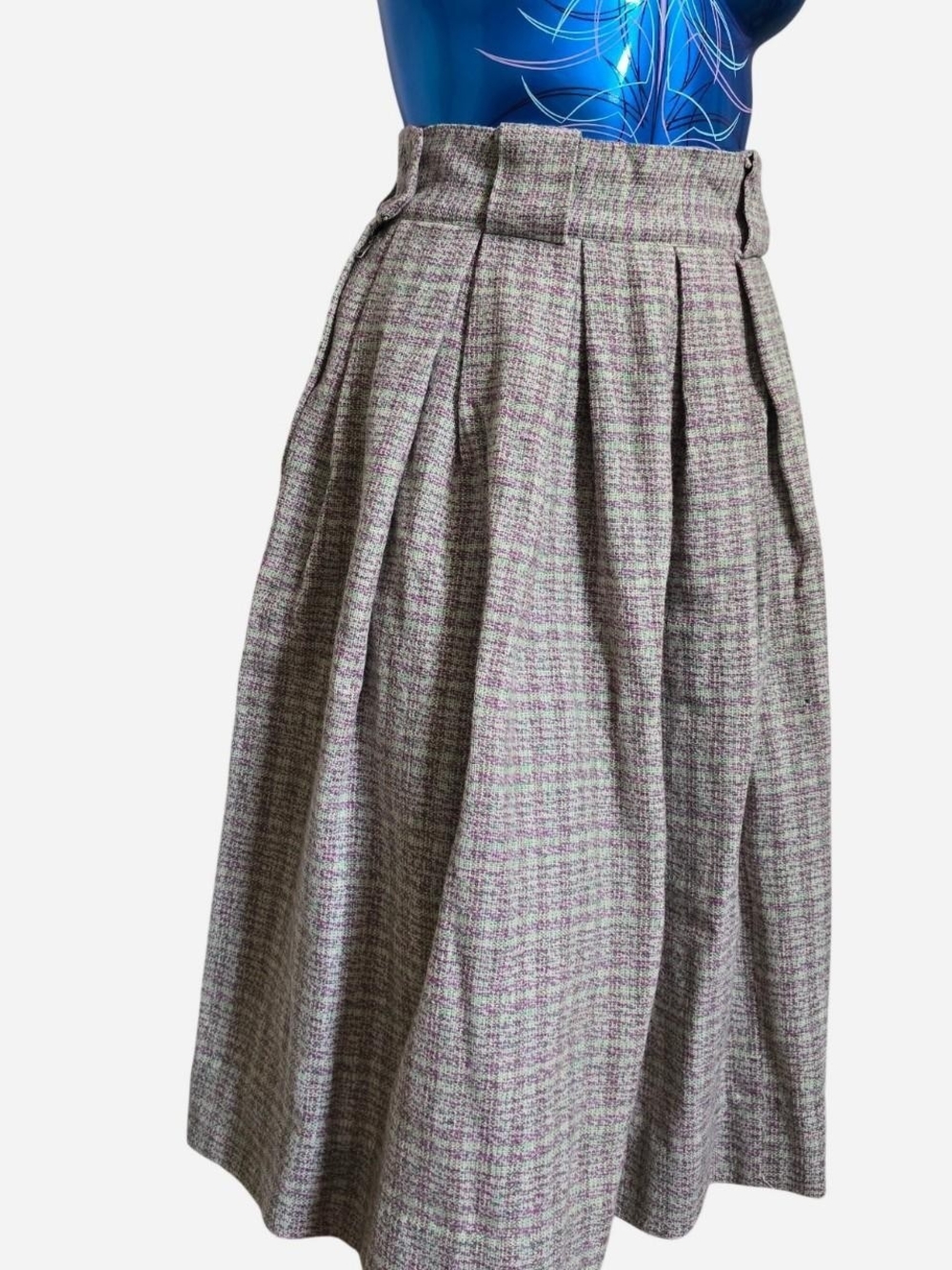 Vintage Pleated A-Line Tweed Midi Skirt in Green, White/grey And Purple